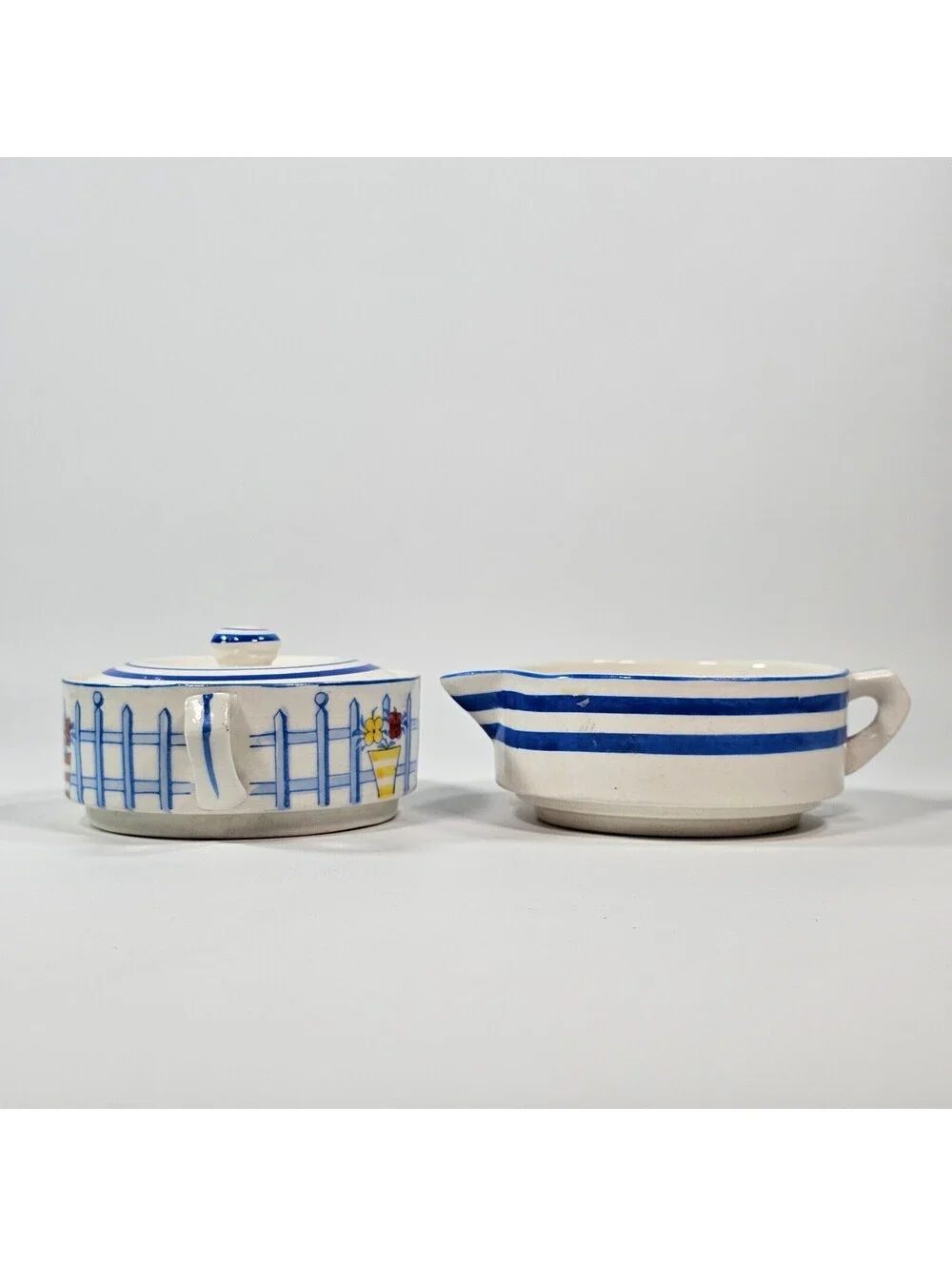 Vintage Sunnyside Japan Sugar Creamer Set Picket Fence Floral Blue White Ceramic